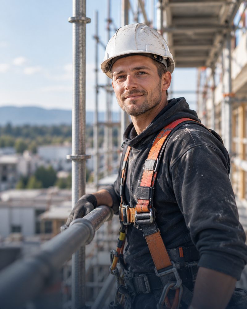 Bauarbeiter mit Helm auf einem Gerüst
